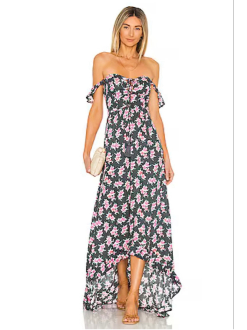 Women's Tiare Hawaii Mia Pink Grey Floral Off-Shoulder Maxi Dress One Size